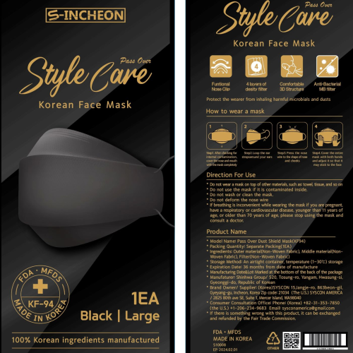 KF94 Style Care Korean Face Mask Black S01
