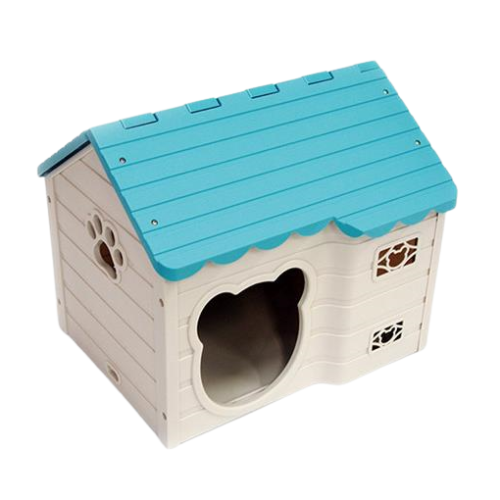 the cat house with a blue roof