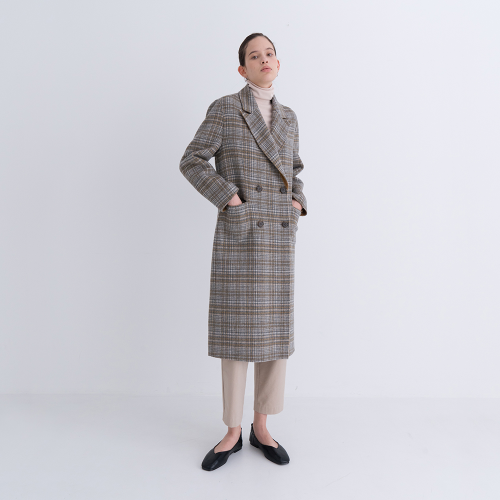 Reverse Hand Yellow Check Double Long Coat Brown