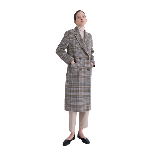 Reverse Hand Yellow Check Double Long Coat Brown