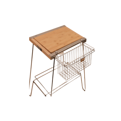 a small table and a wire basket