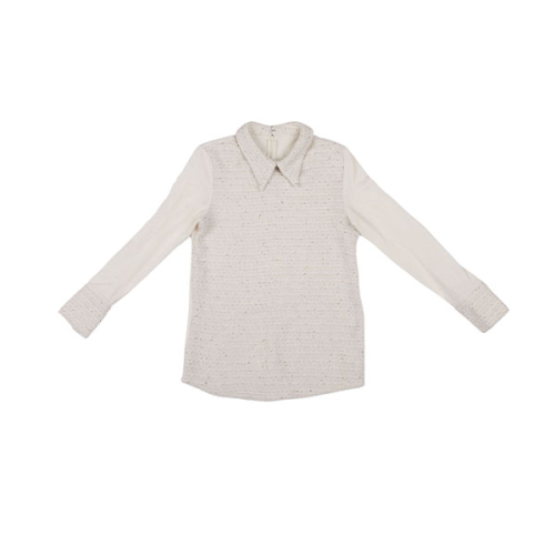 white knitted sweater with collar and long sleeves