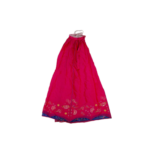 a red lehenga skirt with blue embroidery and a matching blouse