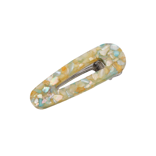 A pair of glossy resin snap hair clips in a pastel shell-inlay style, positioned as chic fashion hair accessories. One clip blends soft yellow, mint, and iridescent flecks with a silver-tone clasp, while the other features pink and lavender marbling with a warm gold-tone metal insert. Their rounded rectangular shape and luminous mosaic finish give them a feminine, polished feel suited to buyers drawn to playful elegance and boutique styling.