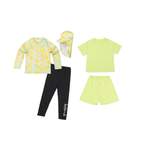 the matching yellow and green outfit