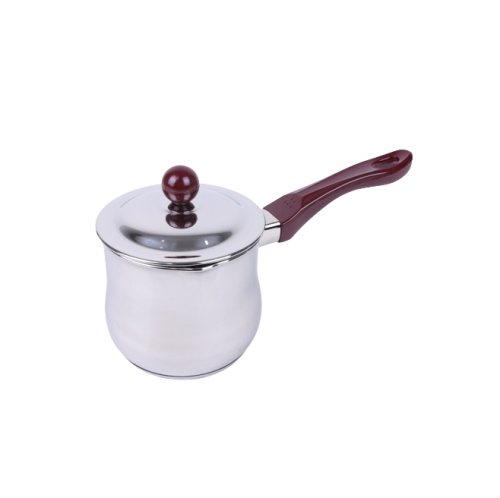 stainless steel saucepan with wooden handle and lid