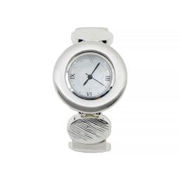 silver alarm clock with white dial and silver base