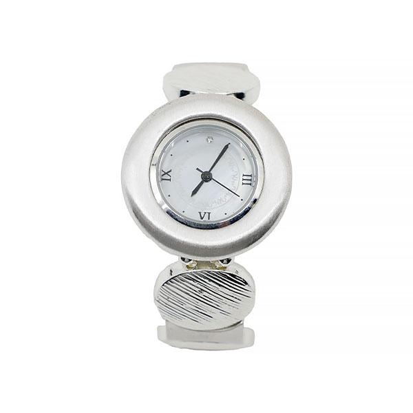 silver alarm clock with white dial and silver base