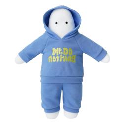 a blue tracksuit with hood and yellow writing on the front