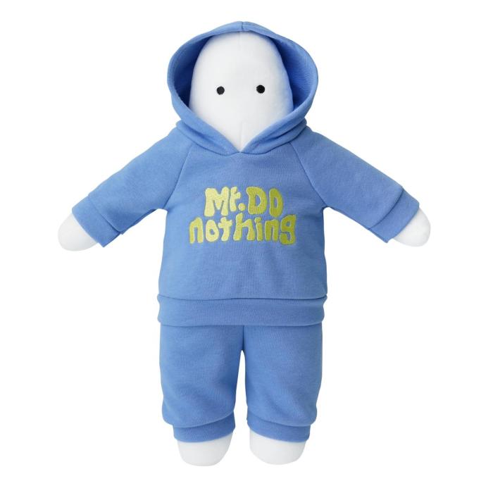 a blue tracksuit with hood and yellow writing on the front