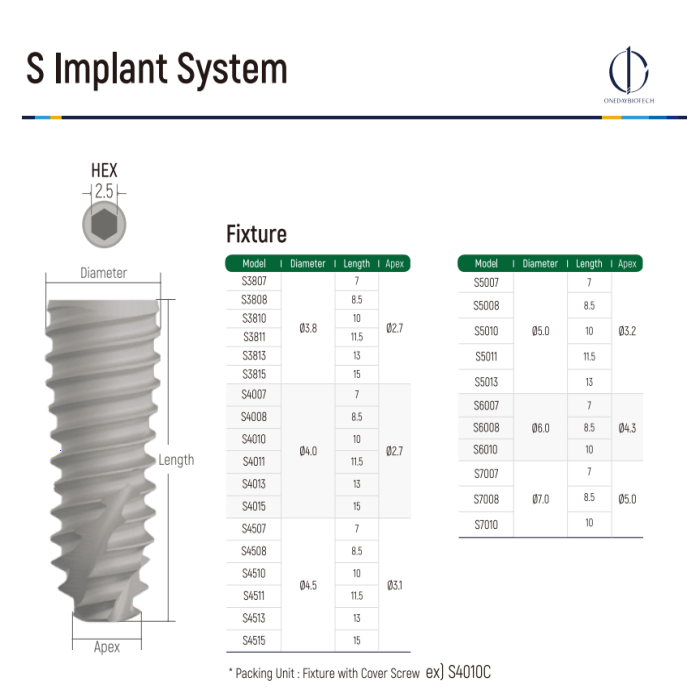 Sub_merged Fixture. 2.5 hex connection.
Packing Unit: Fixture with Cover Screw.
