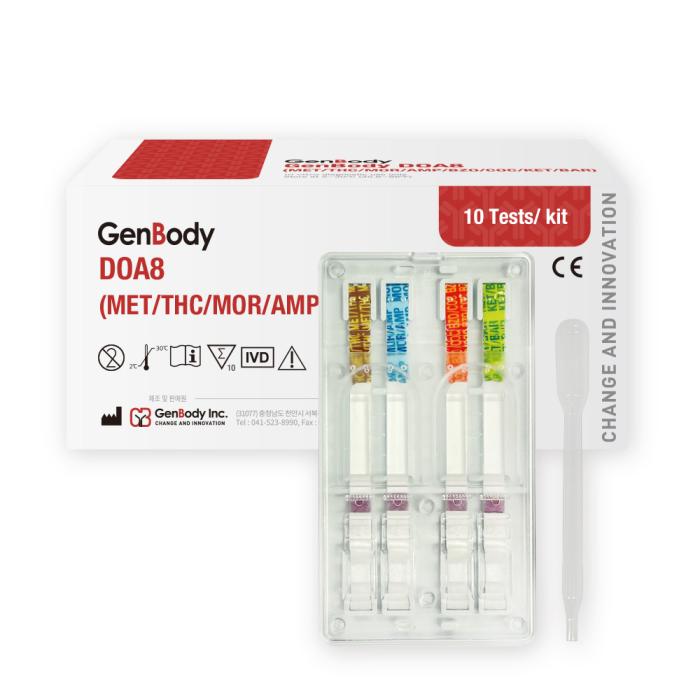GenBody DOA 8 is a one-step immuno-chromatographic assay intended for use in the qualitative detection of MET (Methamphetamine), THC (Marijuana), MOR (Morphine), AMP (Amphetamine), BZO (Benzodiazepine), COC (Cocaine), KET (Ketamine), BAR (Barbiturate) and its metabolites in urine with the following cut-off concentration.