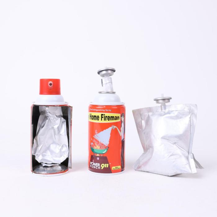 Inner can/

As shown in the figure, the four-layer valve pouch bag is a patented fire prevention and fire extinguishing tool that does not freeze at minus 30 degrees Celsius and does not rupture even when installed inside a car with an image temperature of 70 degrees Celsius