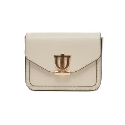 white leather bag with gold logo