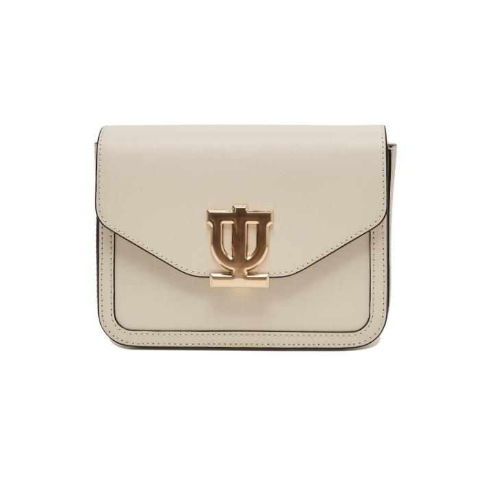 white leather bag with gold logo