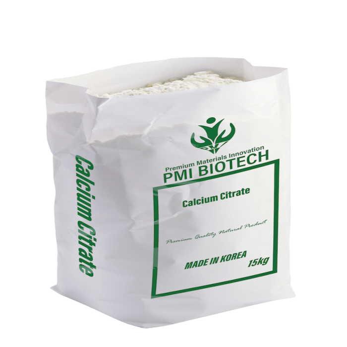 PMI Biotech Calcium Citrate, a white powder in a bag