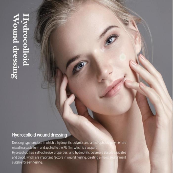 Hydrocolloid wound dressing
Dressing type product in which a hydrophilic polymer and a hydrophobic polymer are
mixed in a paste form and applied to the PU film, which is a support.
Hydrocolloid has self-adhesive properties, and hydrophilic polymers absorb exudates
and blood, which are important factors in wound healing, creating a moist environment
suitable for self-healing.