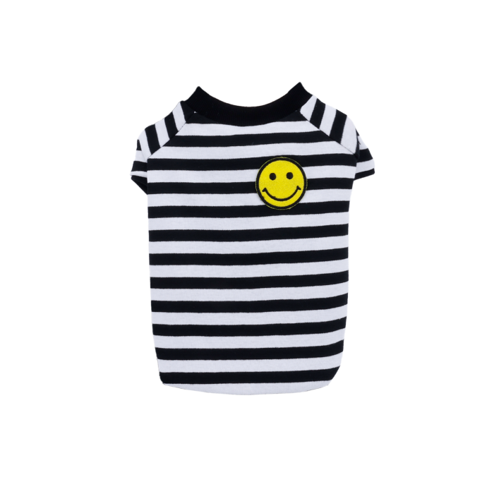 black and white striped t-shirt with smiley face pocket