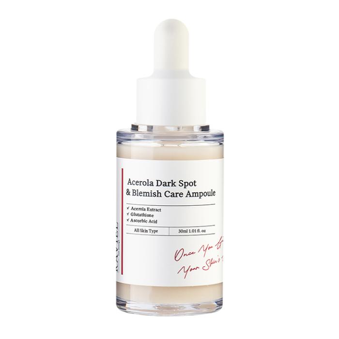 Acne Dark Spot & Blemish Care Ampoule, a clear glass bottle with a white cap
