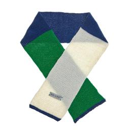 the infinity scarf with green, blue and white stripes and a grey logo tag