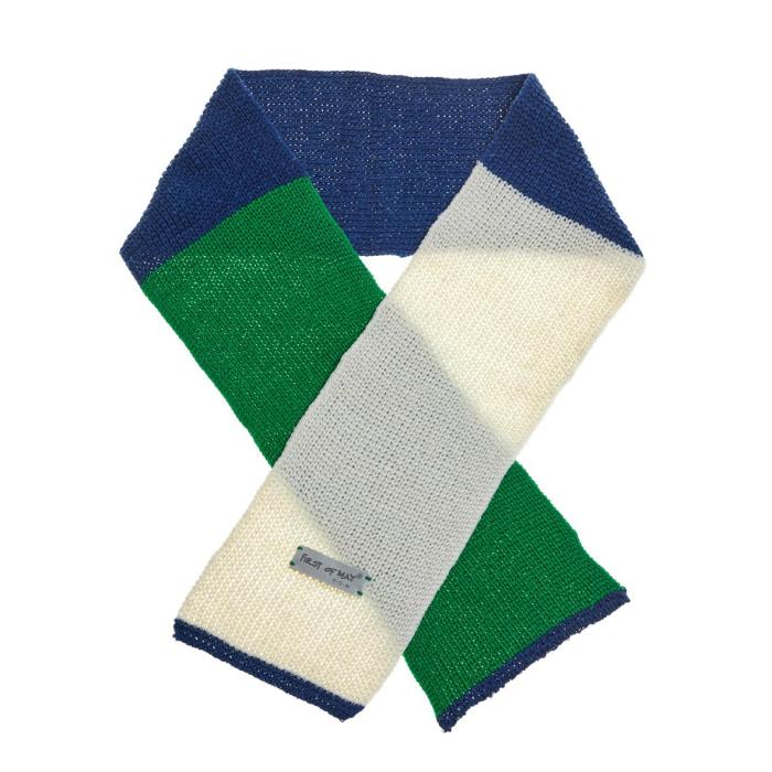 the infinity scarf with green, blue and white stripes and a grey logo tag