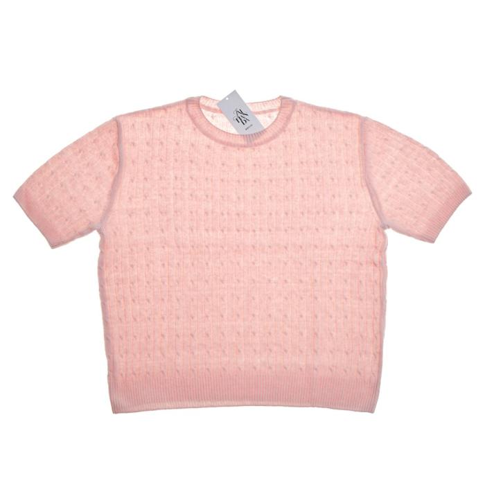 the pink knit tee with a ribbed neckline and sleeve cuffs