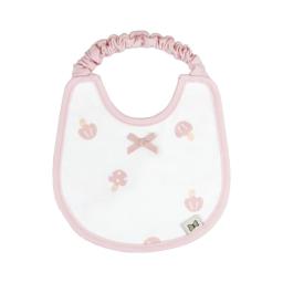 a white bib with pink flowers and a pink ribbon