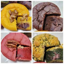 four different flavors: mugwort, beet, sweet pumpkin, and dark chocolate.