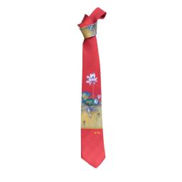a red tie with a yellow and blue design