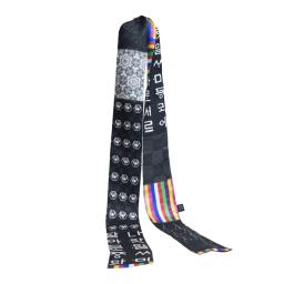 a black and white silk scarf with a rainbow stripe