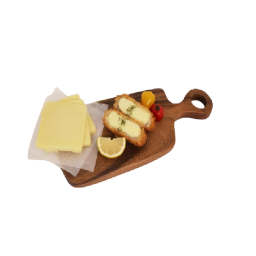 wooden cheese board with cheese, bread and lemon