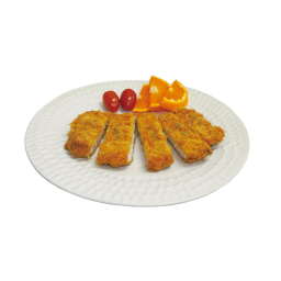 fried fish fillets with orange and cherry tomatoes on a white plate
