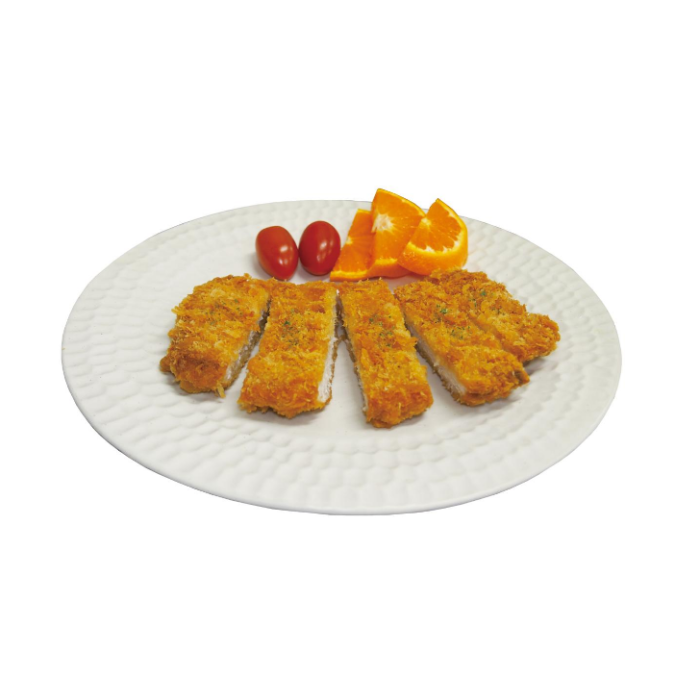 fried fish fillets with orange and cherry tomatoes on a white plate