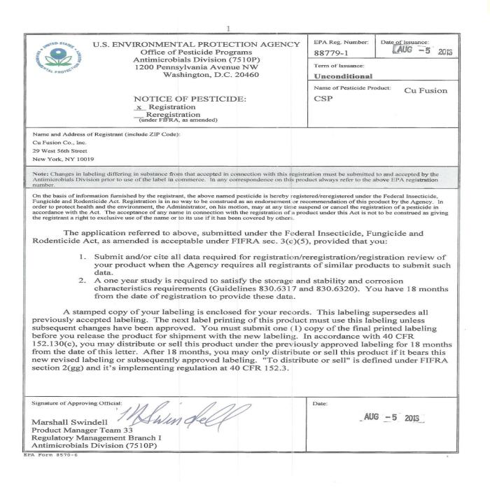 CERTIFICATE OF US EPA