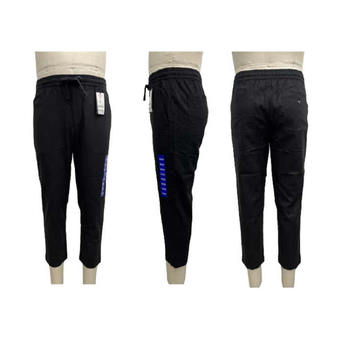 black joggers with blue stripes