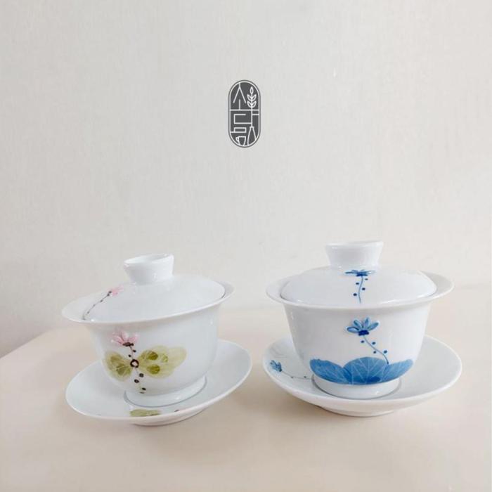 [sodamcoop] Baekja(White porcelain) lotus Gaiwan(tea receptacle with lid) Set