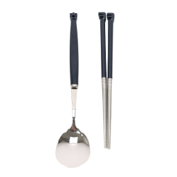 a stainless steel ladle and two stainless steel tongs
