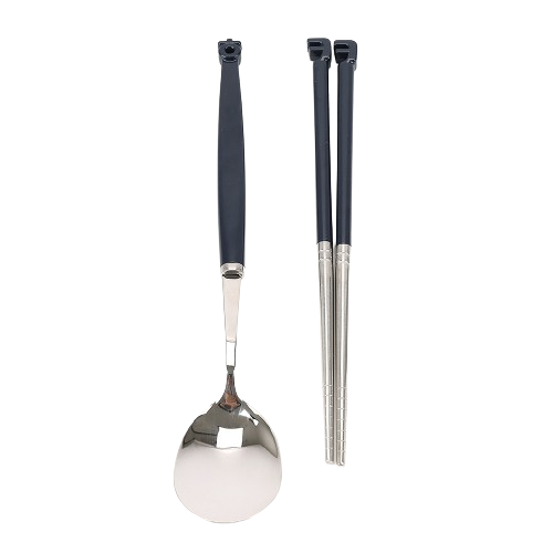 a stainless steel ladle and two stainless steel tongs