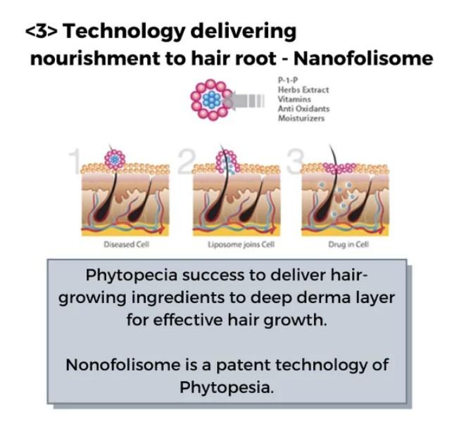 <3> Successfully delivers the hair growing ingredients to deep derma 
Phytopesia's own technology Nanofolisome allows the small particles of nutrition to reach the deep derma layer and promotes hair growth. 
<4> Improve Scalp Condition and Reduce the Dandruff with Natural Ingredients 
Cleanses the pores for hair growth and makes the scalp healthier with natural ingredients.
Significantly reduces scalp inflammation and dandruff with cooling Menthol. 
<5> Increase hair health and volume
Vitamin 5 increases the natural hair volume with shine. 
Helps to hair perm stay 5-10% longer with less frizzy hair look