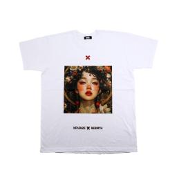 a white t-shirt with a picture of a woman on it and the words "MADE IN KOREA"