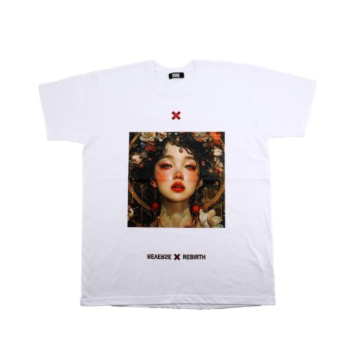 a white t-shirt with a picture of a woman on it and the words "MADE IN KOREA"