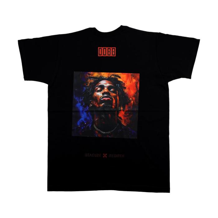 a black t-shirt with a picture of the rapper on it