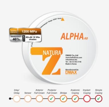 Alpha is DMAX’s best-selling zirconia block. It has a very strong strength of 1200MPa while still maintaining excellent transparency and shade. Suitable for any case. Since it is a pre-shaded block, anyone can create an excellent full crown with minimal coloring work.

All 16 vita shades are available.