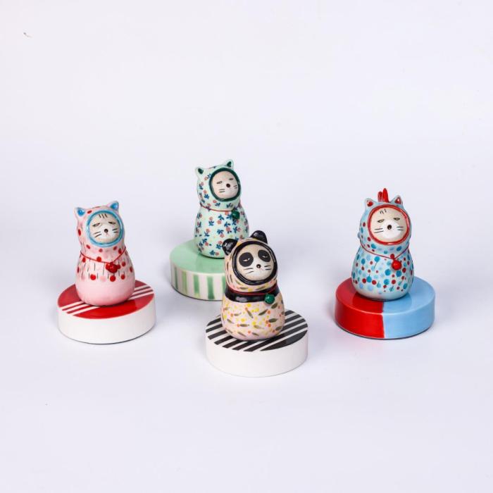 GaGa Cat : Ceramic figurine of a cat dressed in a panda & dragon outfit