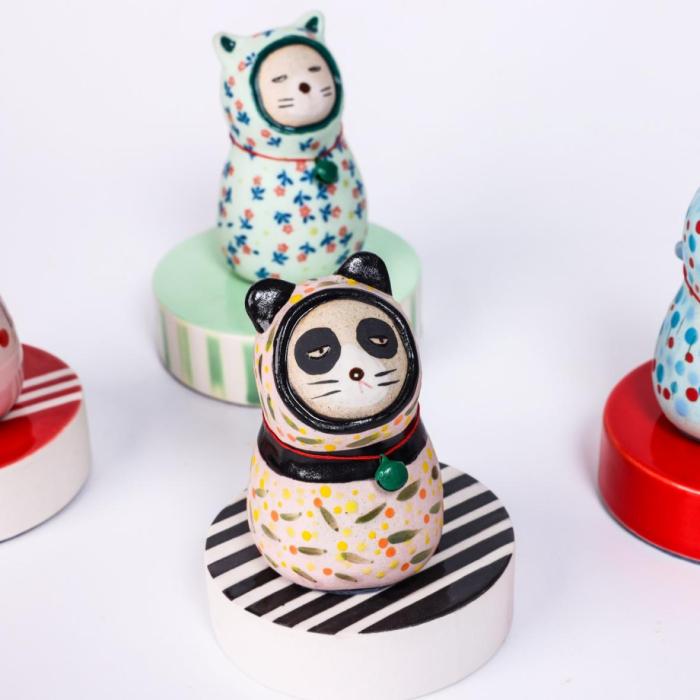GaGa Cat : Ceramic figurine of a cat dressed in a panda & dragon outfit