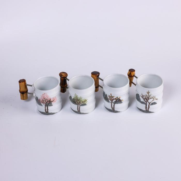 [Woorim Pottery] Bamboo Story(Four Seasons) Set : Korean Four Seasons and Wooden Ceramic Cups