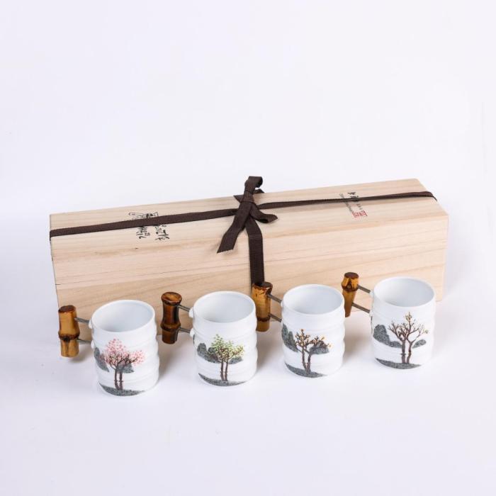[Woorim Pottery] Bamboo Story(Four Seasons) Set : Korean Four Seasons and Wooden Ceramic Cups
