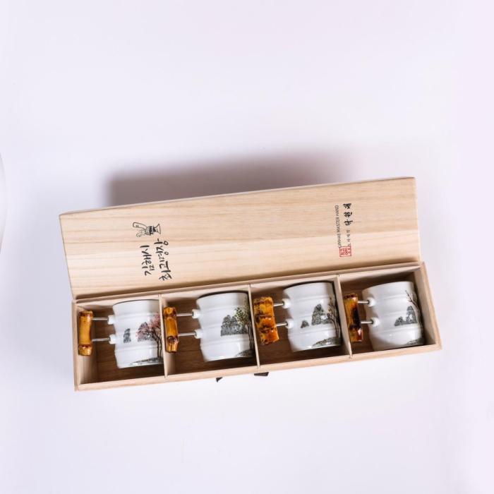 [Woorim Pottery] Bamboo Story(Four Seasons) Set : Korean Four Seasons and Wooden Ceramic Cups