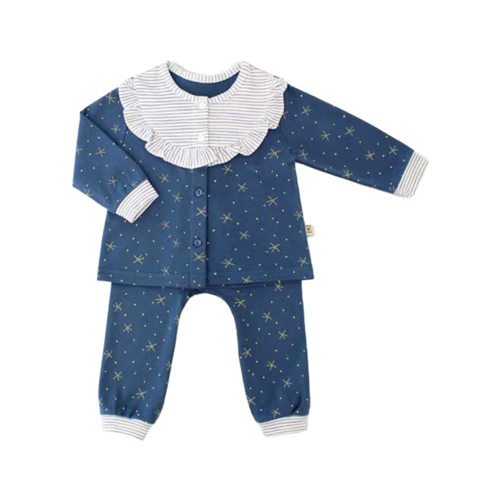blue cotton sleepsuit with white ruffle collar and star print