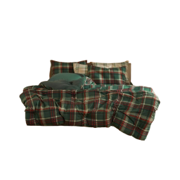 a green plaid comforter and shams
